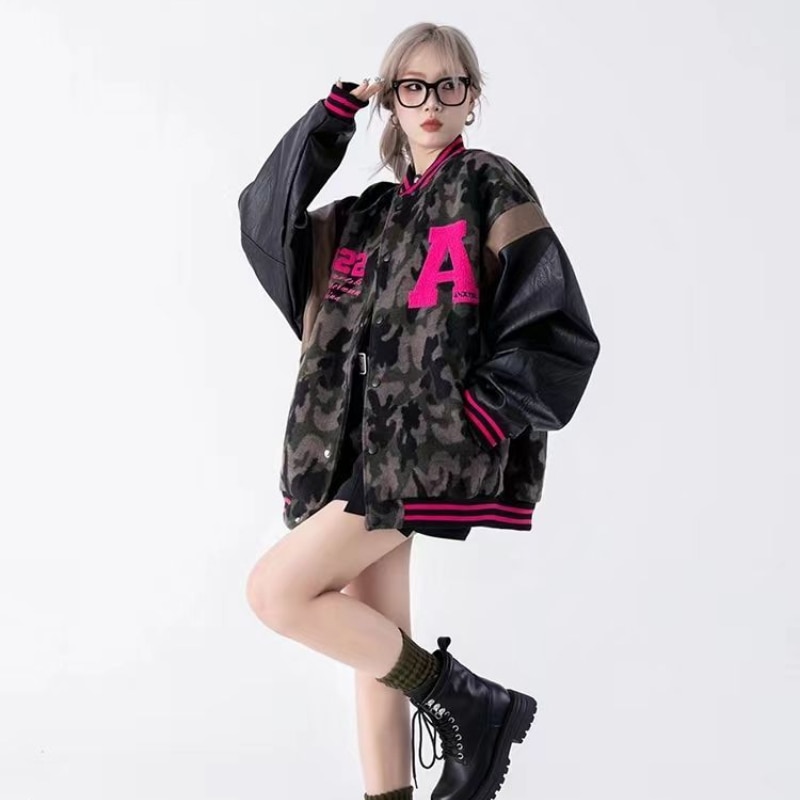 American retro camouflage baseball jacket women's 2022 new autumn and winter models Y2K tide stitching pu leather autumn jacket