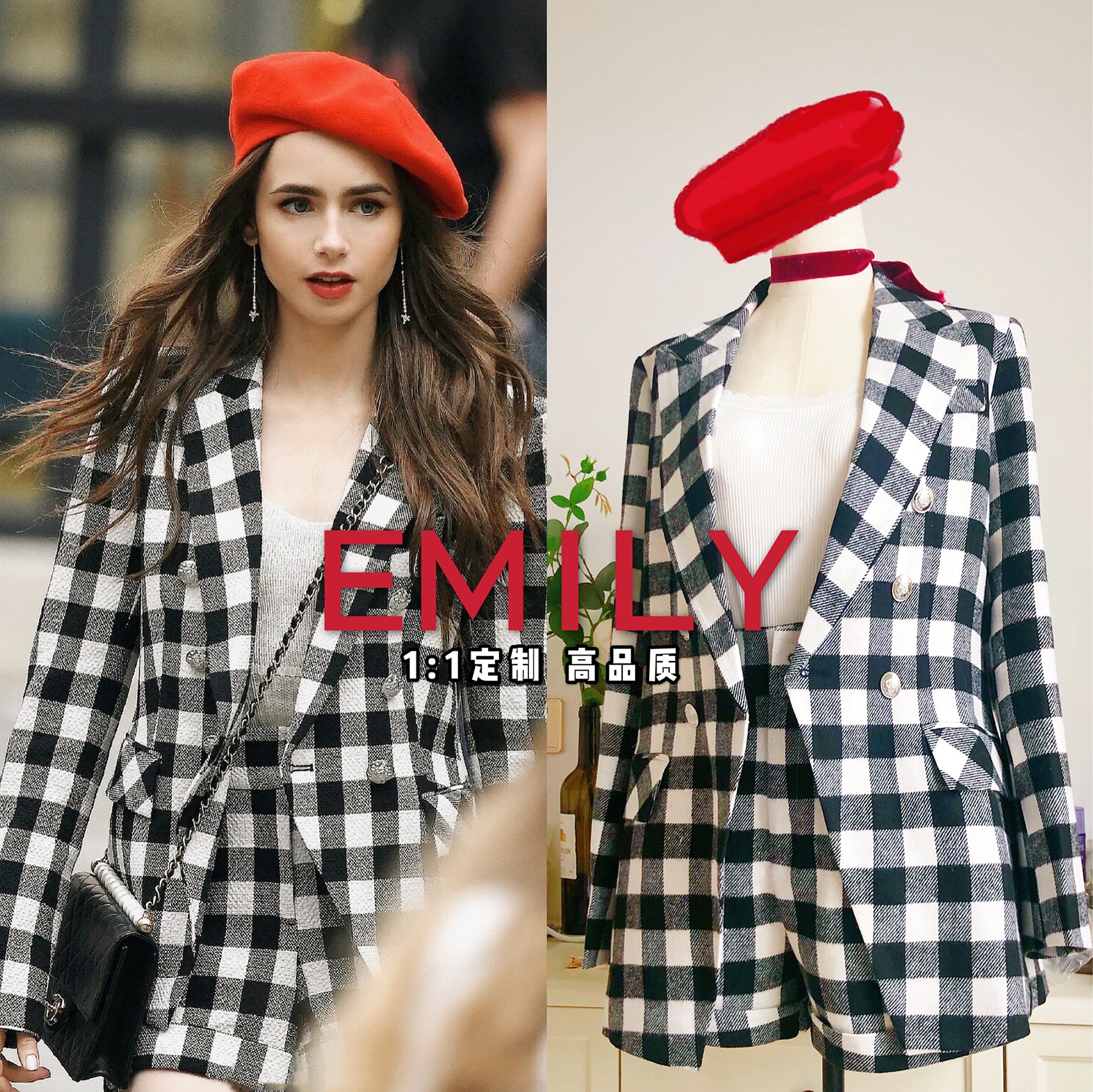 Emily In Paris Same Classic Black White Plaid Blazer woman High Waist Shorts Elegant Tweed Fashion Suit Coat short pants Female