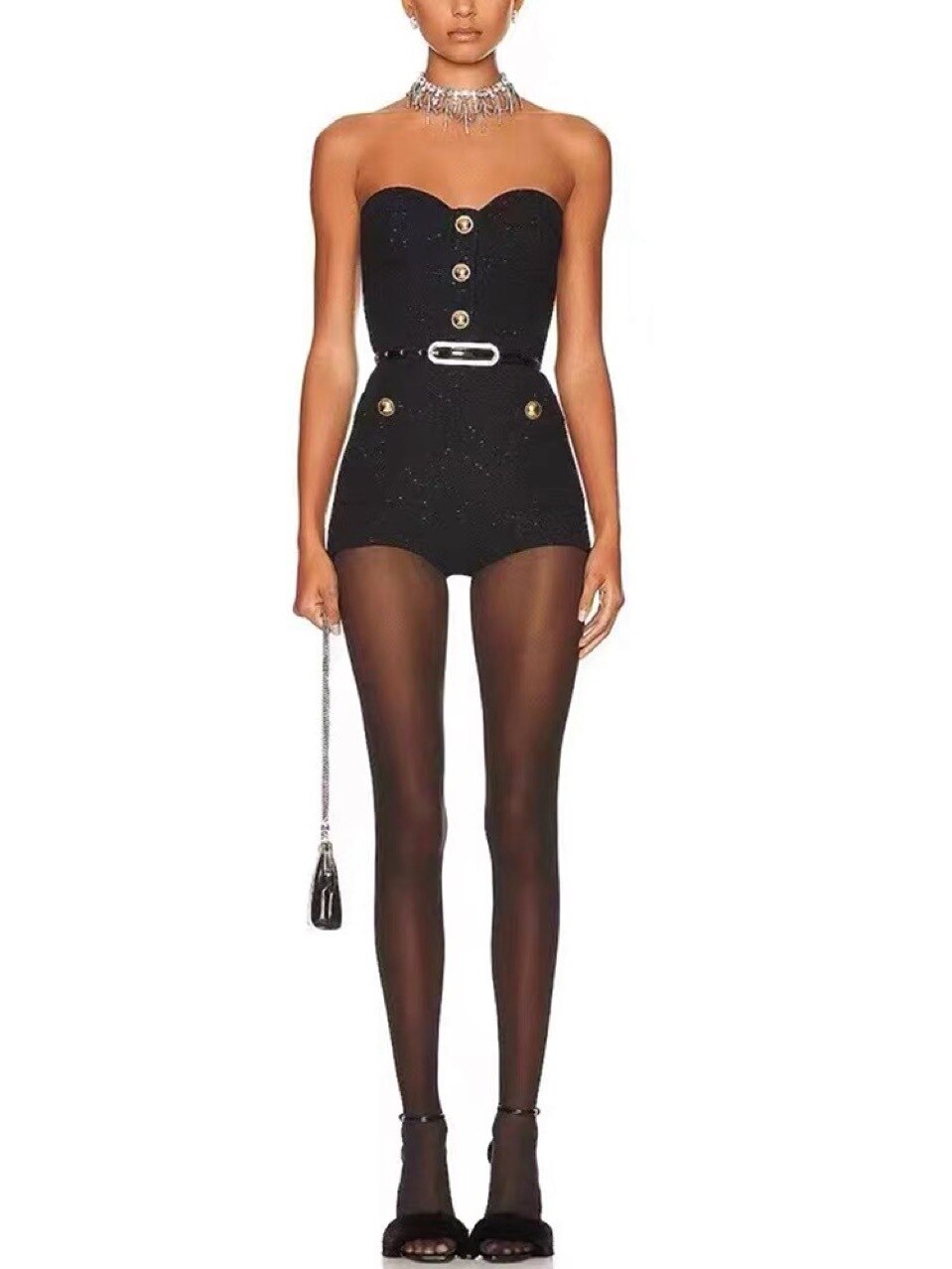 GetSpring Women Sets Metal Button Short Black Blazer Jacket Strapless Slim Playsuits Two Piece Sets 2022 Autumn Winter Fashion