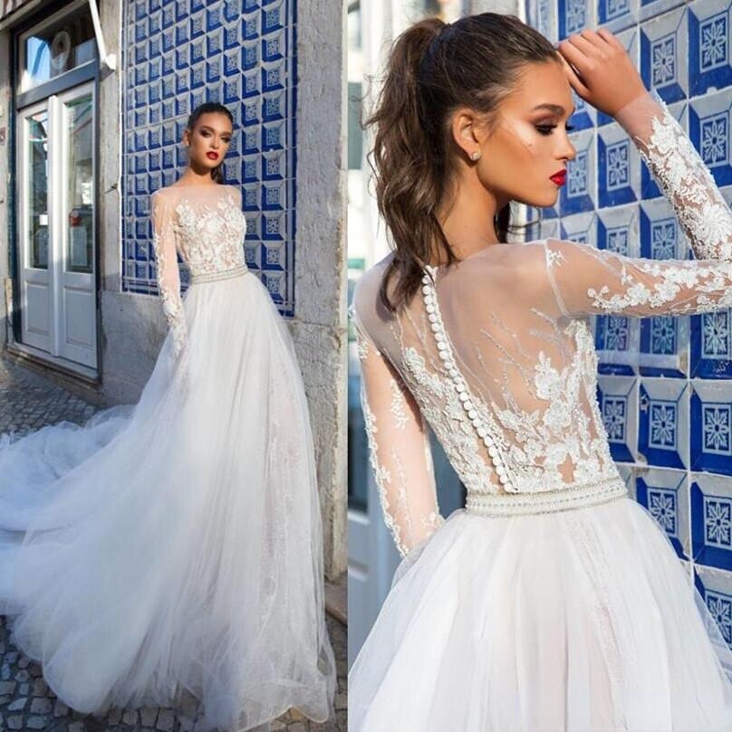 Lace Wedding Dresses A Line Long Sleeves Boho Bridal Gowns Illusion Jewel Neck Sweep Train Vintage Lace Wedding Reception