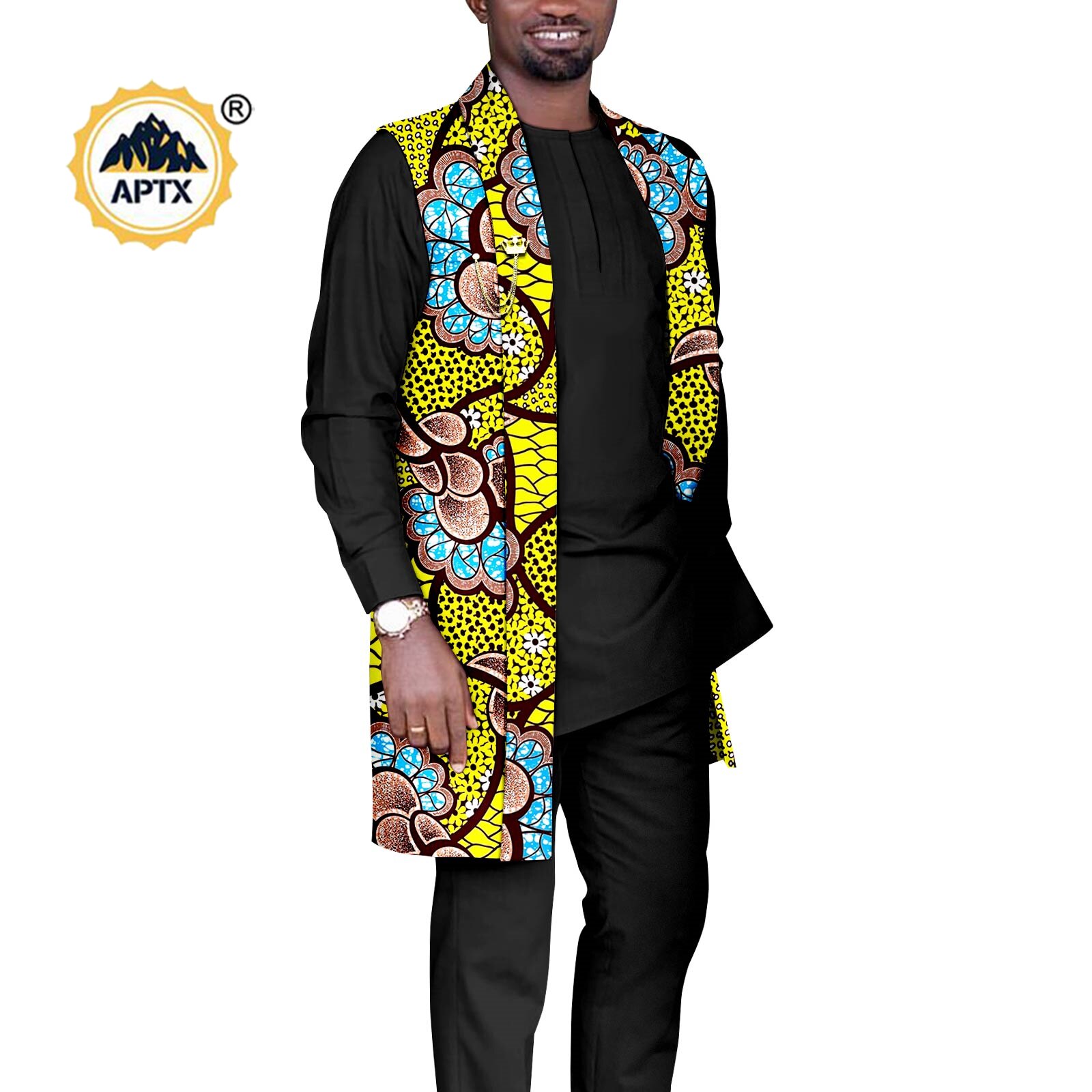 African Couples Outfits  Women Coat Long Jacket Match Men Vest + Top and Pants 3 Pieces Set With Pockets& Breastpin Y22C072