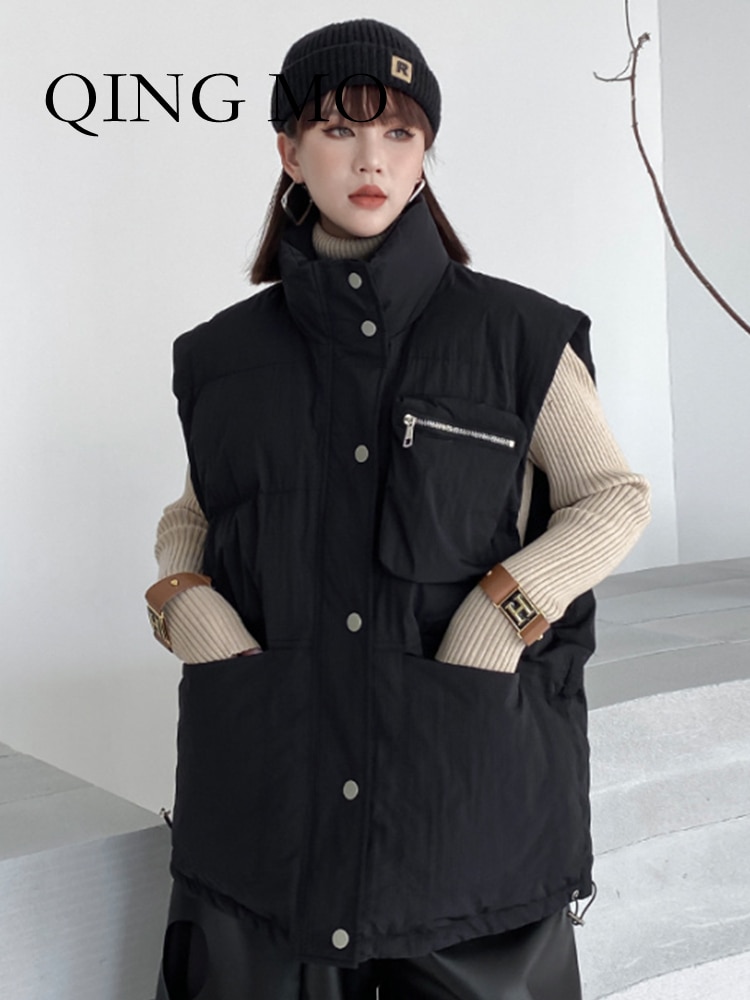 QING MO Autumn Winter 2022 New Loose Pocket Thickened Warm Vest Women European Style Cotton Clip Thickened Parkas ZXF112