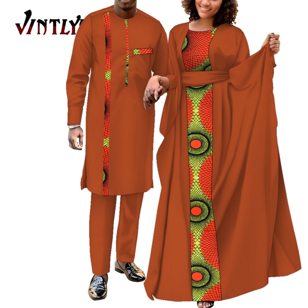 2 Pcs African Dresses for Women and Dashiki Men Suits Floral Print Couple Clothes Lovers Outfit Patchwork Robe Dress Wyq949