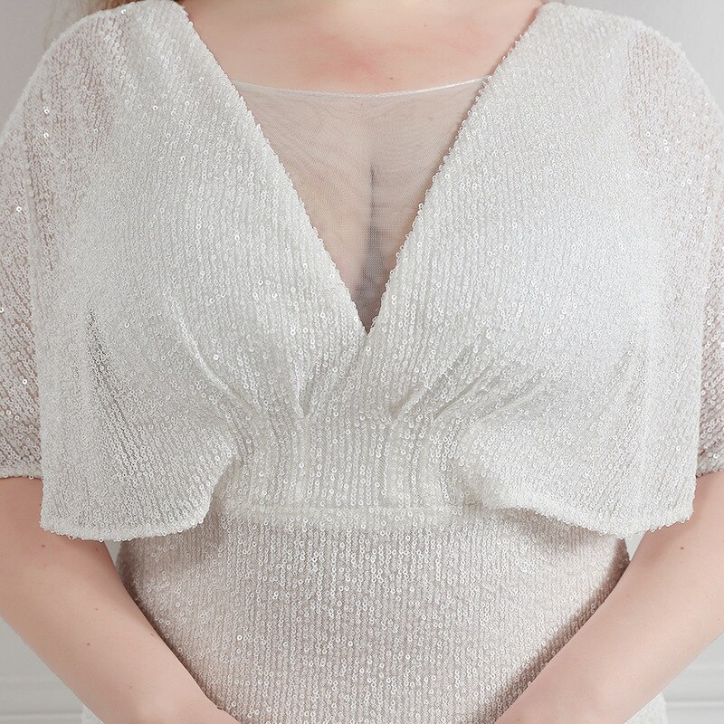 White Sequins Simple Evening Dress V-Neck Ruffles Short Sleeves Floor-Length Fashion Mermaid Plus Size Women Formal Gowns D1274