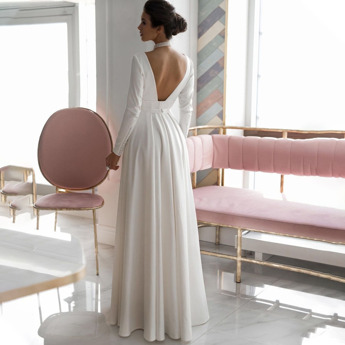 TIXLEAR Vintage Satin Wedding Dress Women 2022  Long Sleeves  Simple Elegant  V-neck Backless Bling Civil  Bridal Gown Cheap