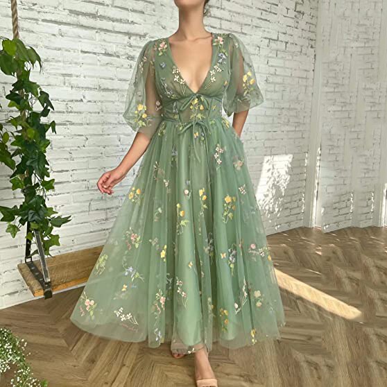 Flower Women Prom Party Dress Long Sleeve Evening Dresses Gown Green Sweet Square Collar Lace Robe De Soiree