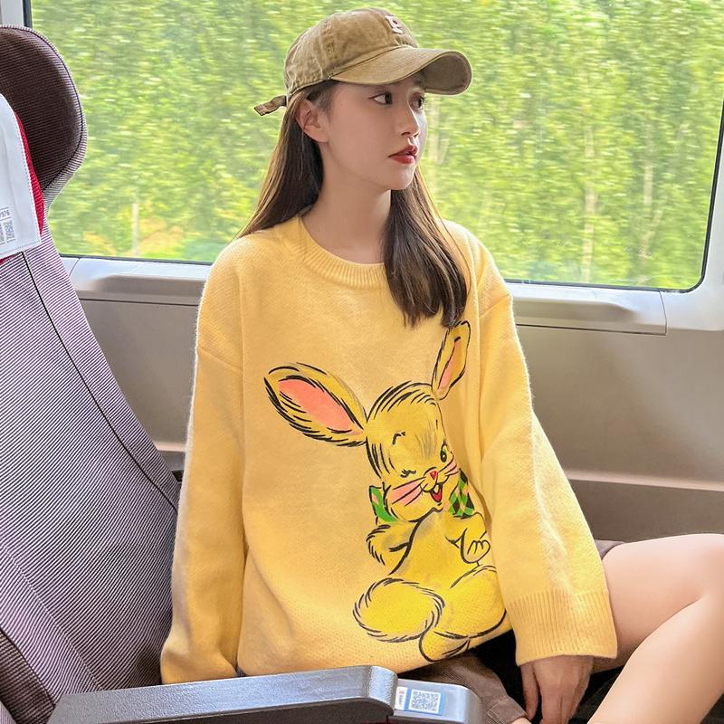 Korean Style Cute White Rabbit Fairy Grunge Sweater Casual Loose Pullover Autumn Vintage Harajuku Women Goth Sweater Y2k Top