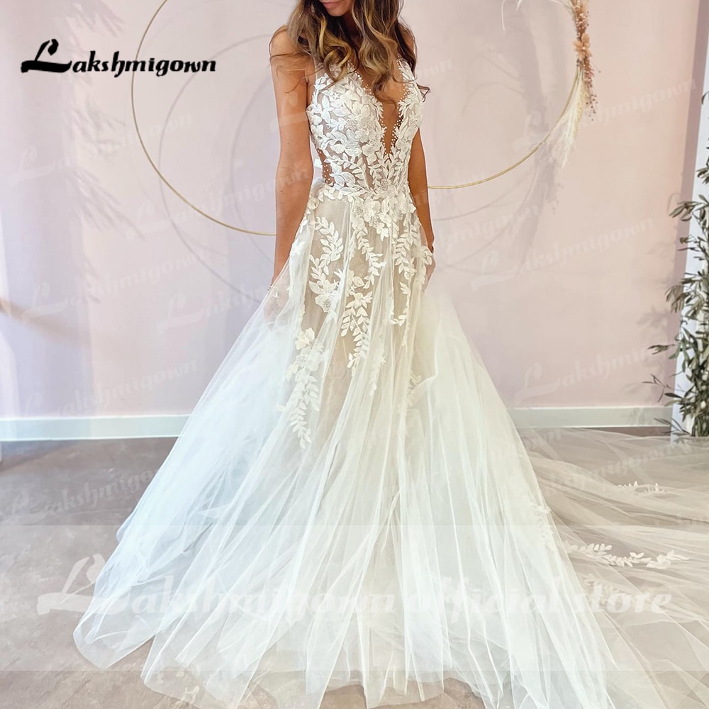 Sexy A-Line Backless Wedding Dress 2023 Vintage Lace Applique Beaded Off White Tulle Wedding Gowns Trouwjurk Long Bridal Dress