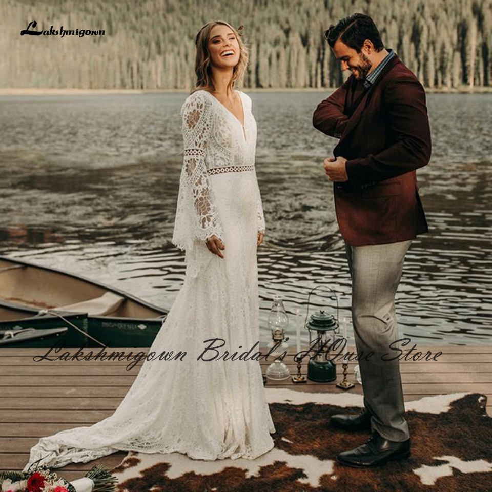 Lakshmigown Civil Lace Boho Wedding Dress Plus Size 2022 Abiti da Sposa Sexy Bridal Mermaid Puffy Long Sleeves Wedding Dresses