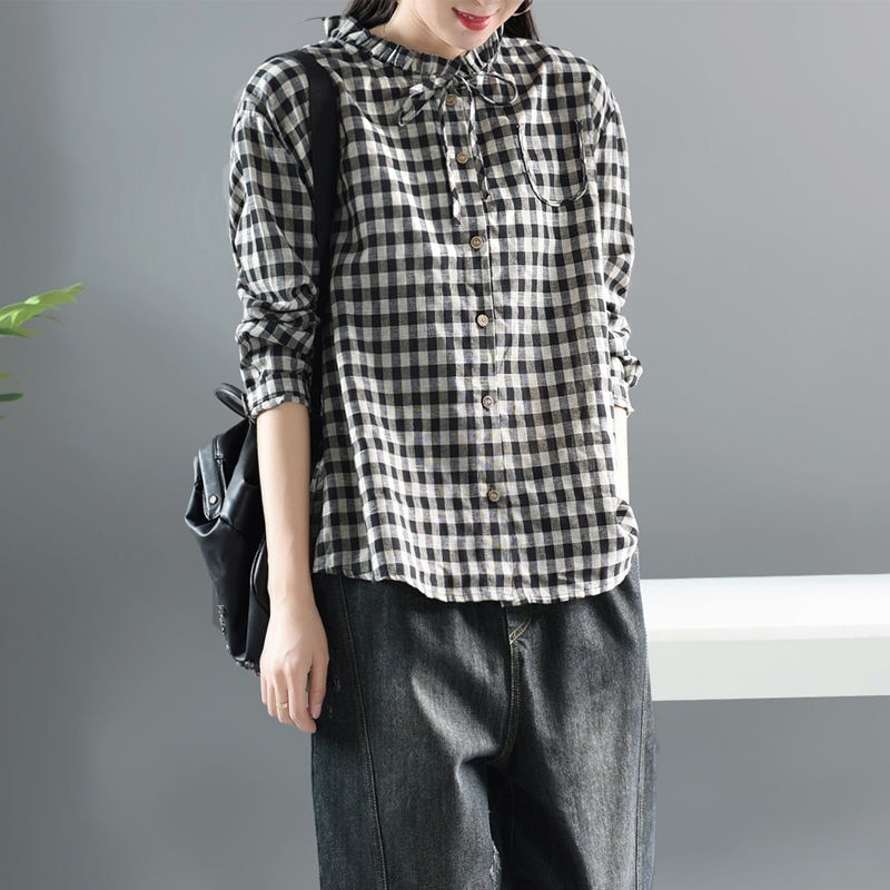 New Arrival 2020 Spring Arts Style Women Long Sleeve Loose Shirts All-matched Casual Cotton Linen Plaid Vintage Blouses S887