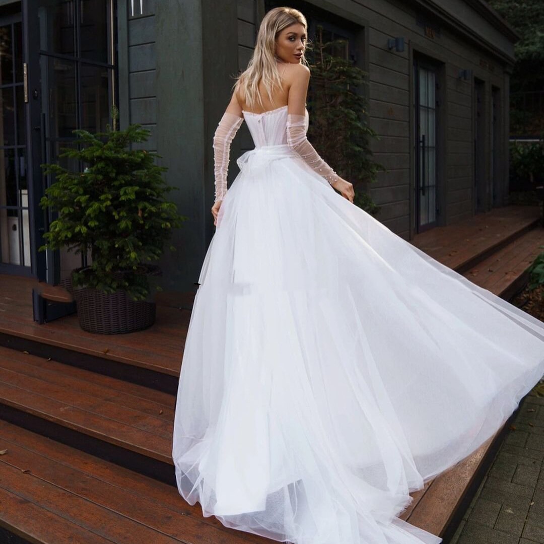 13387#Simple Strapless Half Sleeves Sexy Vestido De Novia A-Line Soft Tulle Backless Beach Wedding Dress Bride Gown 2022
