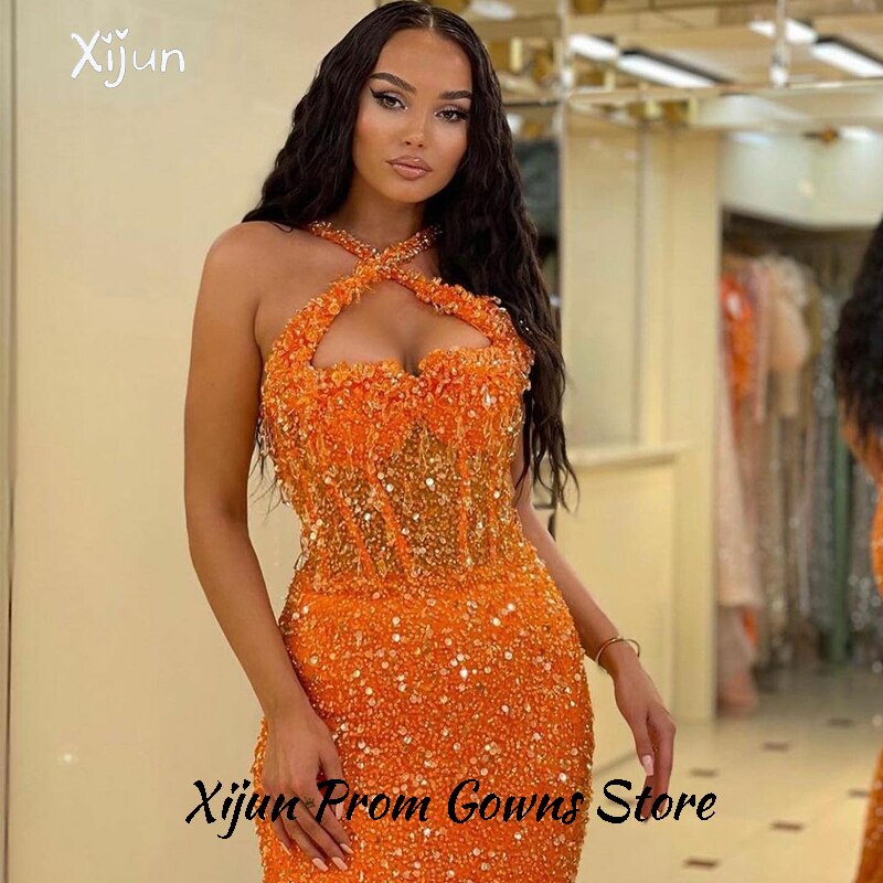 Xijun Arabic Sequin Mermaid Evening Gowns Sexy Halter Beaded Formal Party Dresses Saudi Arabia Sleeveless Long Prom Gown Women