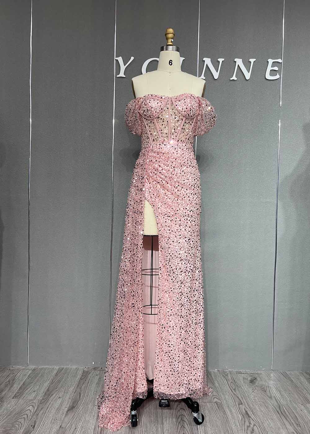 YQLNNE Sexy Slit Green Long Prom Dresses Off the Shoulder Sequins Beaded Back Zipper Formal Women Party Gown