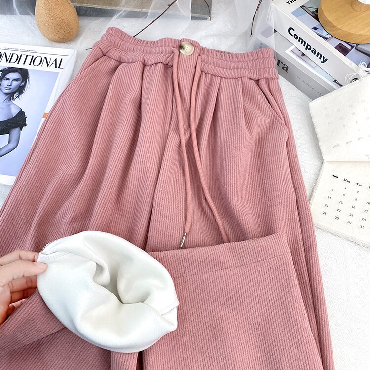 Yitimoky Wide Leg Pants Streetwear Women Thicken Warm Corduroy Elastic High Waist Techwear Autumn Winter 2022 Pink Drawstring