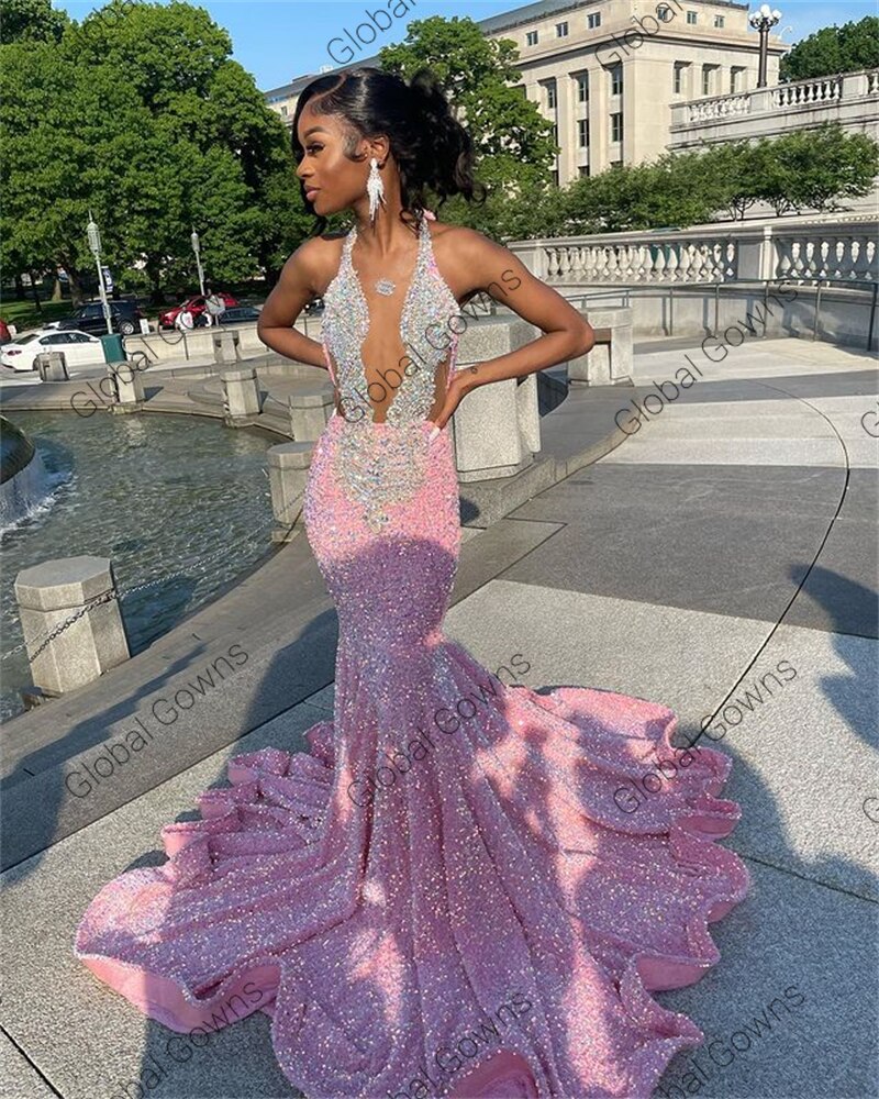 Pink Halter Evening Dress Beaded Crystal Birthday Party Gowns Sparkly Sequined Long Prom Dresses Mermaid Robe De Bal