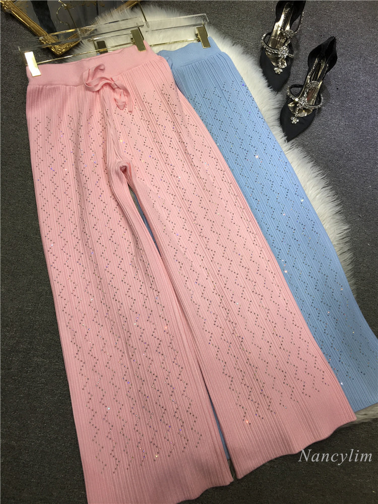 European Fashion Women's Knit Pants Heavy Embroidery Rhinestone Wide-Leg Pants Slimming Trousers High Waist Autumn Winter 2022