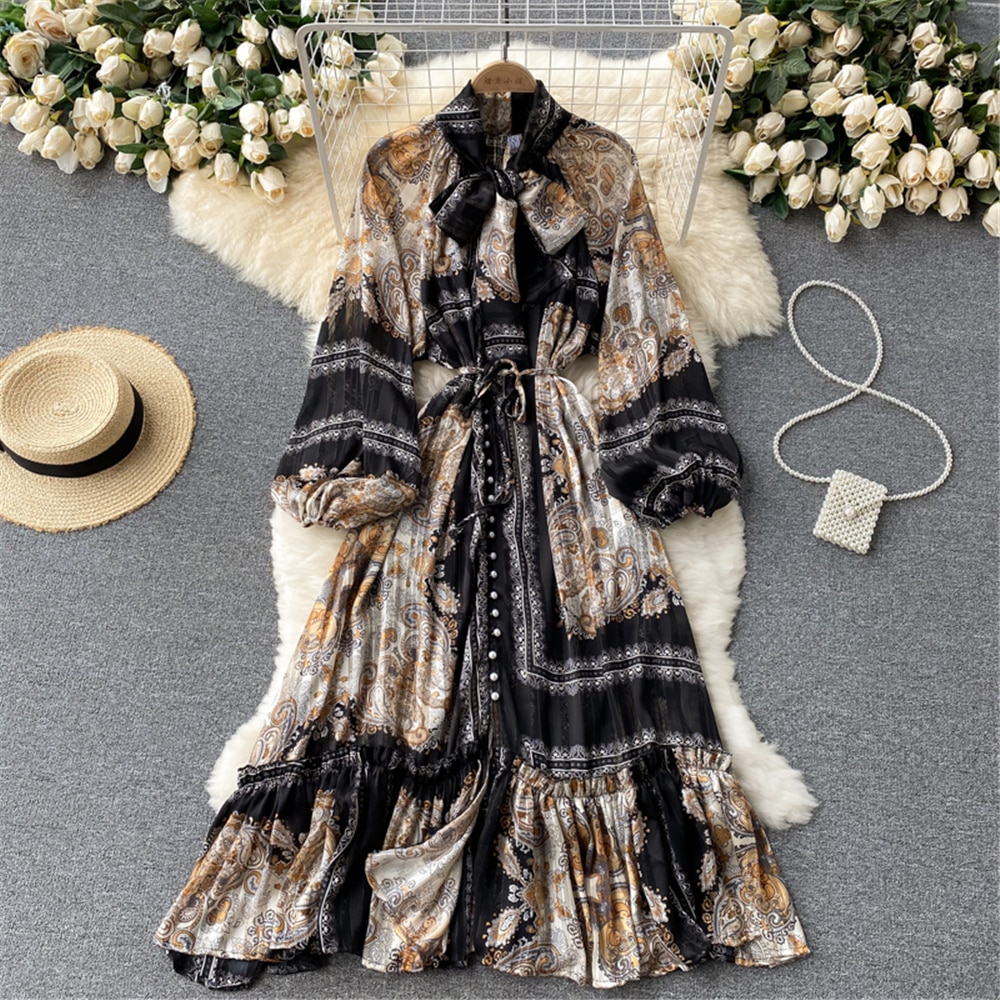 Boho Indie Folk Women Printed Loose Dress Autumn Fashion Bandage Long Sleeve Pleated Dresses Vintage Vestidos Female Clothing