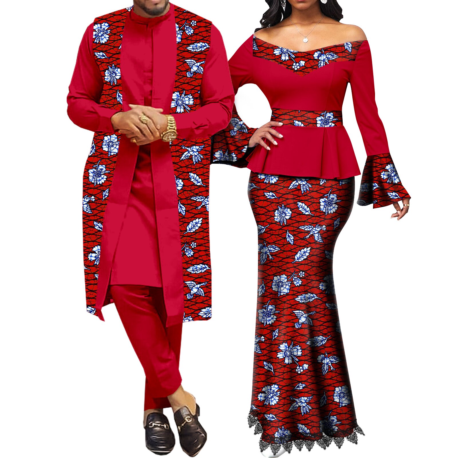 African Couple Clothes Women Print  V-neck Top and Lace Skirts Match Men Outfits Dashiki Long Vest Shirt and Pants Sets Y22C041