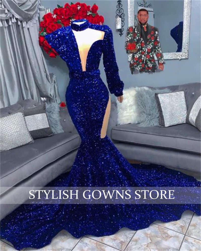 Navy Blue Mermaid Long Prom Dresses Sequined Formal Dress High Neck Birthday Party Gown Cut Out Vestido De Festa Casamento