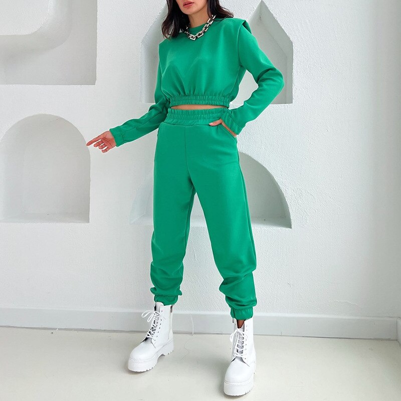 Autumn Winter tracksuit set women casual crop top and Elastic waist long pants two piece set Lady solid color pullover top set