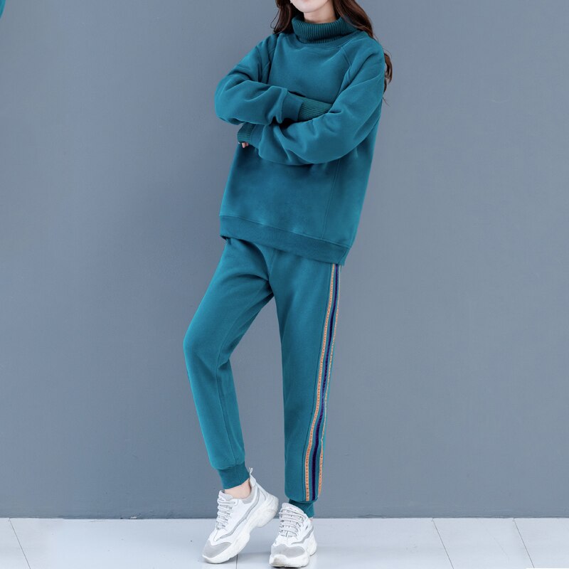 Women 2 Piece Sets Autumn and Winter Solid Sportswear Long Sleeve Turtleneck Sweatshirt +Jogger Pants Casual Female Tracksuits