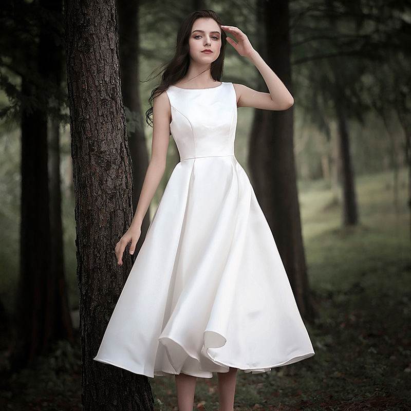2022 Women White Satin Evening Dresses O-Neck Sleeveless Bridal Wedding Party Dress Graduation Gowns Sweet Memory Vintage Gown