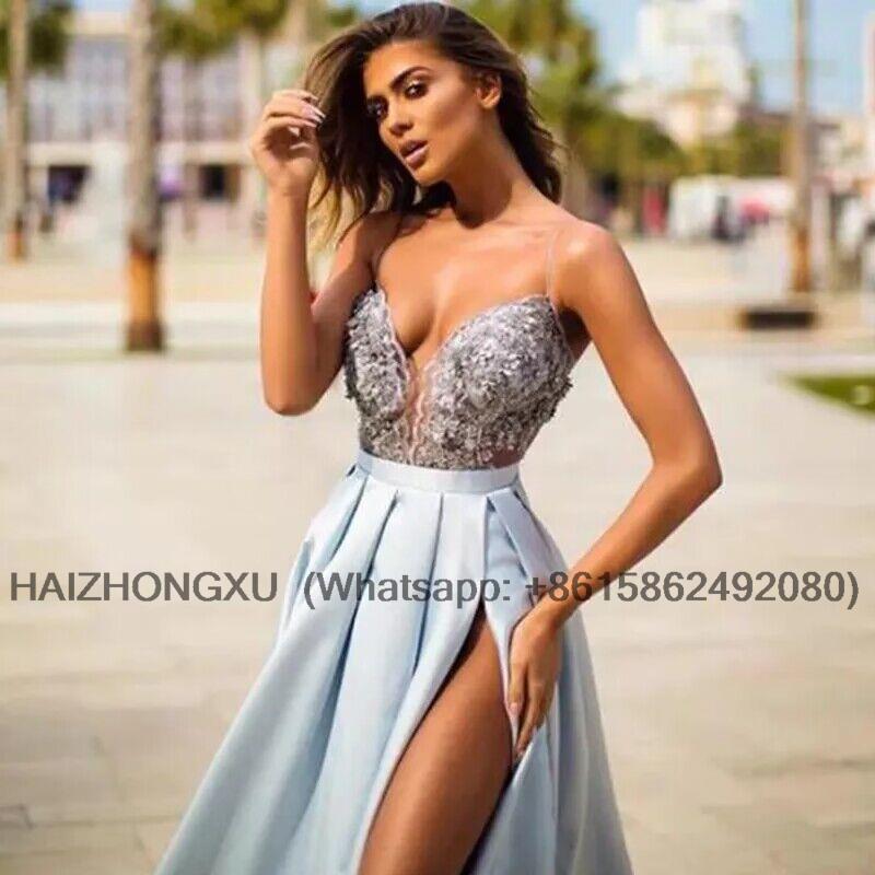 Mint Blue High Slit Sexy Prom Dresses Backless Spaghetti Strap Lace Satin Long Formal Dress Plus Size Wedding Party Gowns