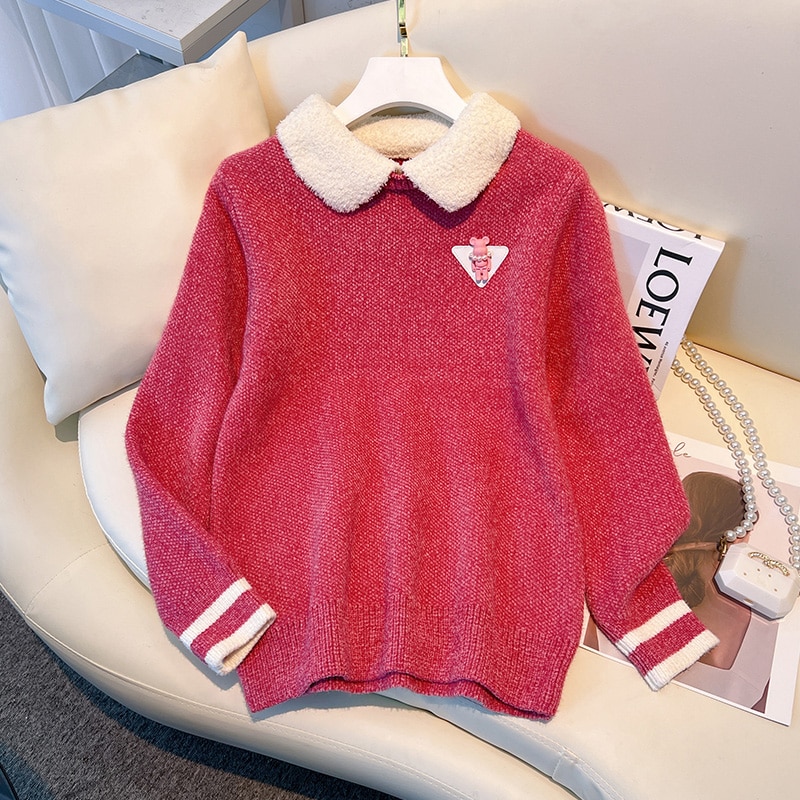 New Patchwork Knitted Sweater Women 2023 Autumn Winter Long Sleeve Turn-down Collar Pullover Tops Elegant Fashion Chic Ladies