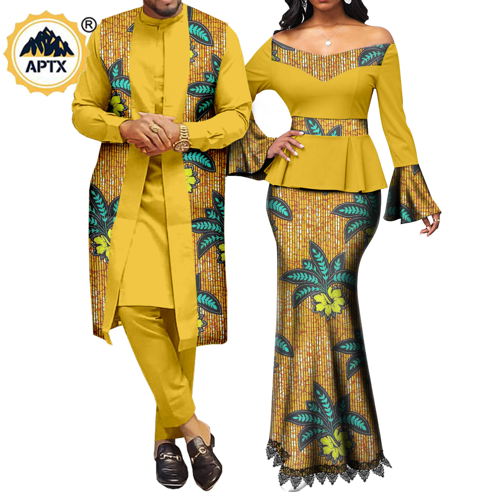 African Couple Clothes Women Print  V-neck Top and Lace Skirts Match Men Outfits Dashiki Long Vest Shirt and Pants Sets Y22C041