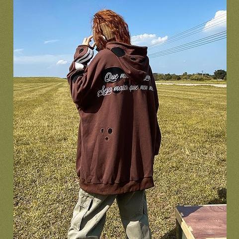 American retro street Y2K patch skull print hooded sweater sweatshirt men and women oversize niche high street jacket jacket ins