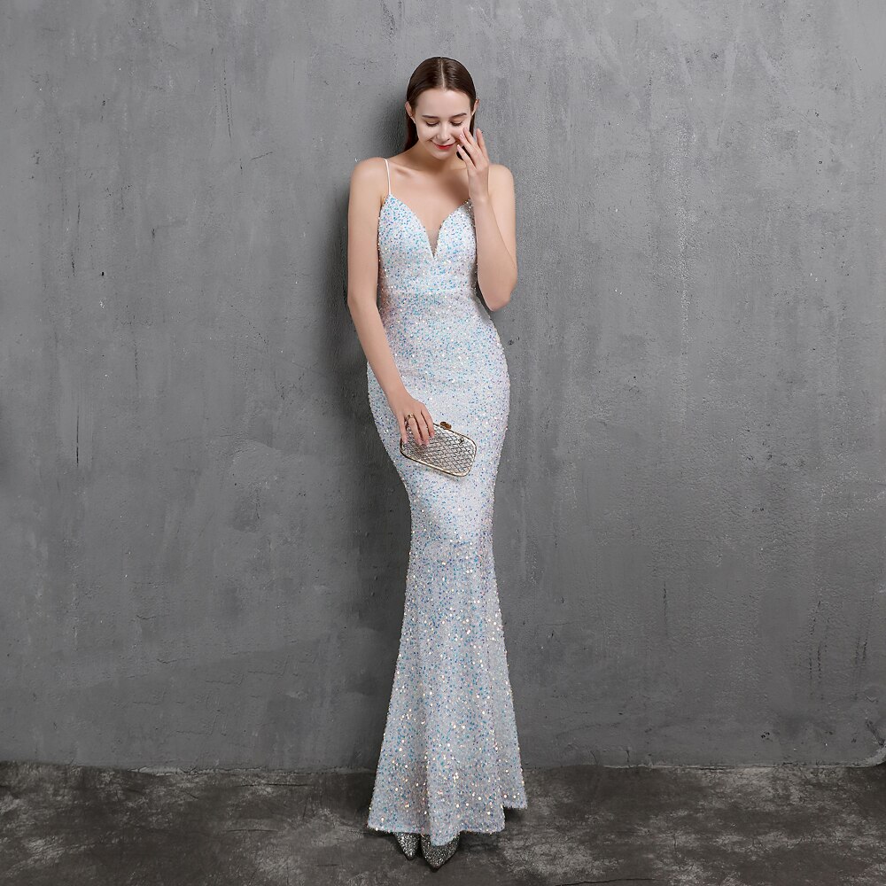 ED18523 Sling V Neck Long Evening Dress Mermaid Party Gowns Sexy Sequined Beading Formal Dress Prom Gown Backless For Wedding