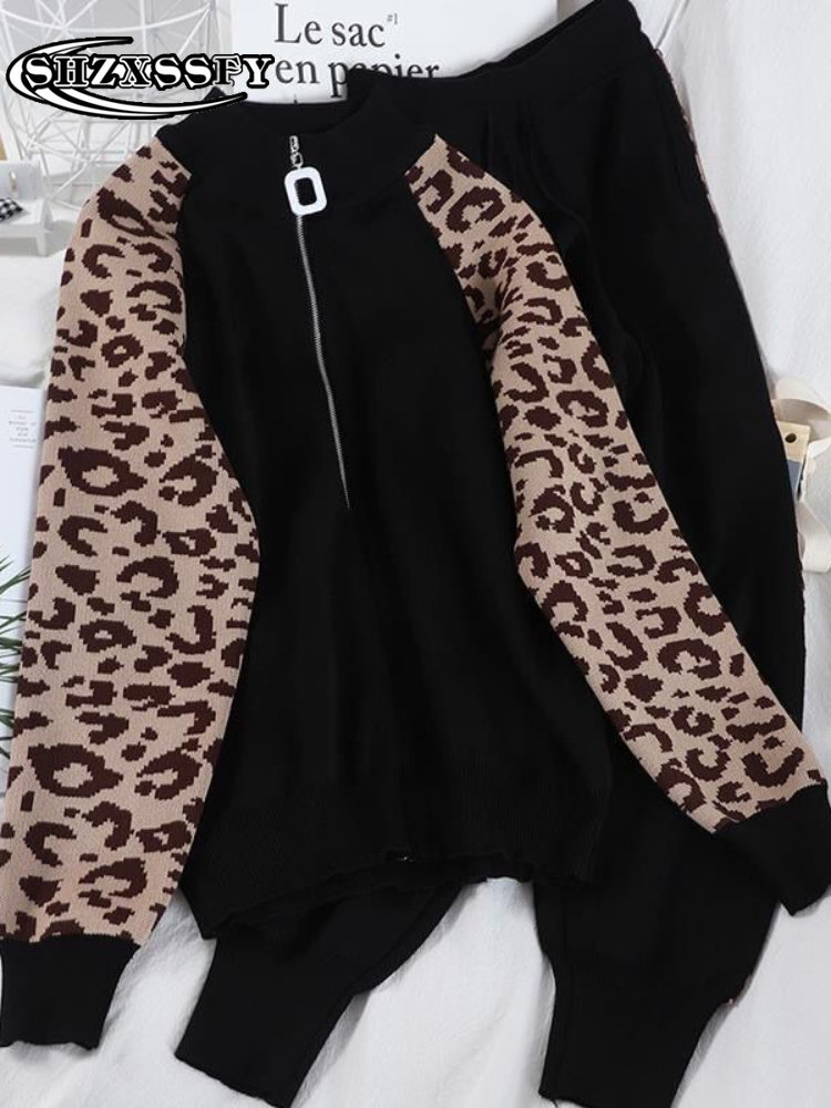 Women's Warm Suit Leopard Zipper Knitting Sweater Two Piece Set Women Top and Pants Casual Loose Autumn Winter Women's Warm Suit