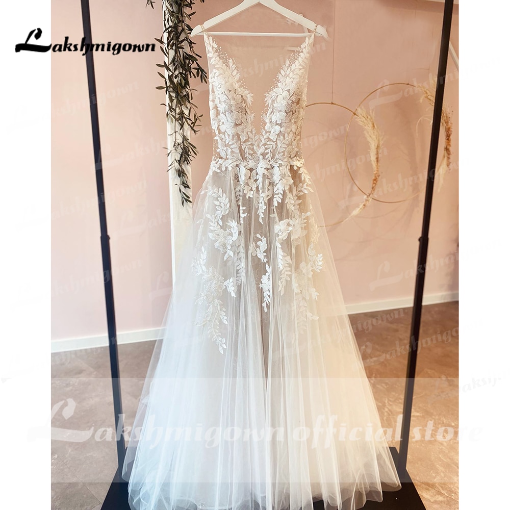 Sexy A-Line Backless Wedding Dress 2023 Vintage Lace Applique Beaded Off White Tulle Wedding Gowns Trouwjurk Long Bridal Dress