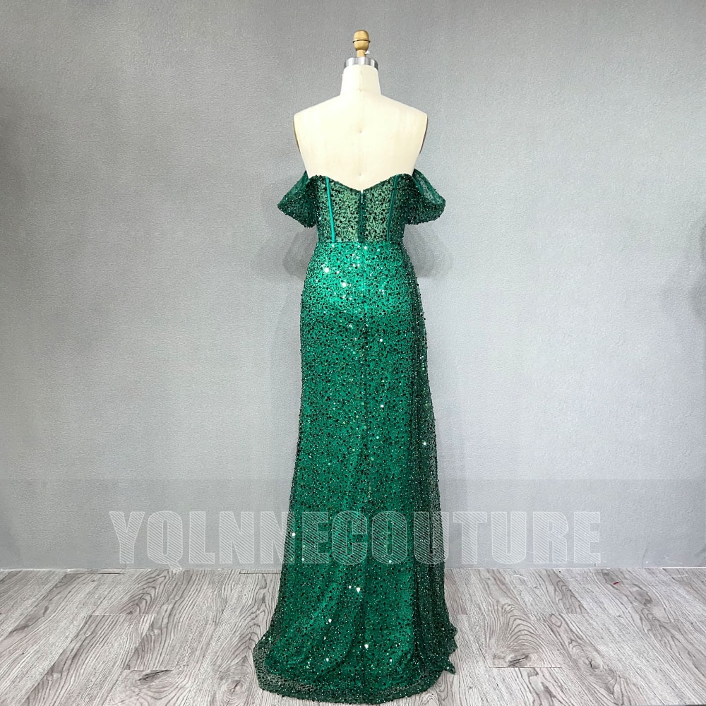 YQLNNE Sexy Slit Green Long Prom Dresses Off the Shoulder Sequins Beaded Back Zipper Formal Women Party Gown