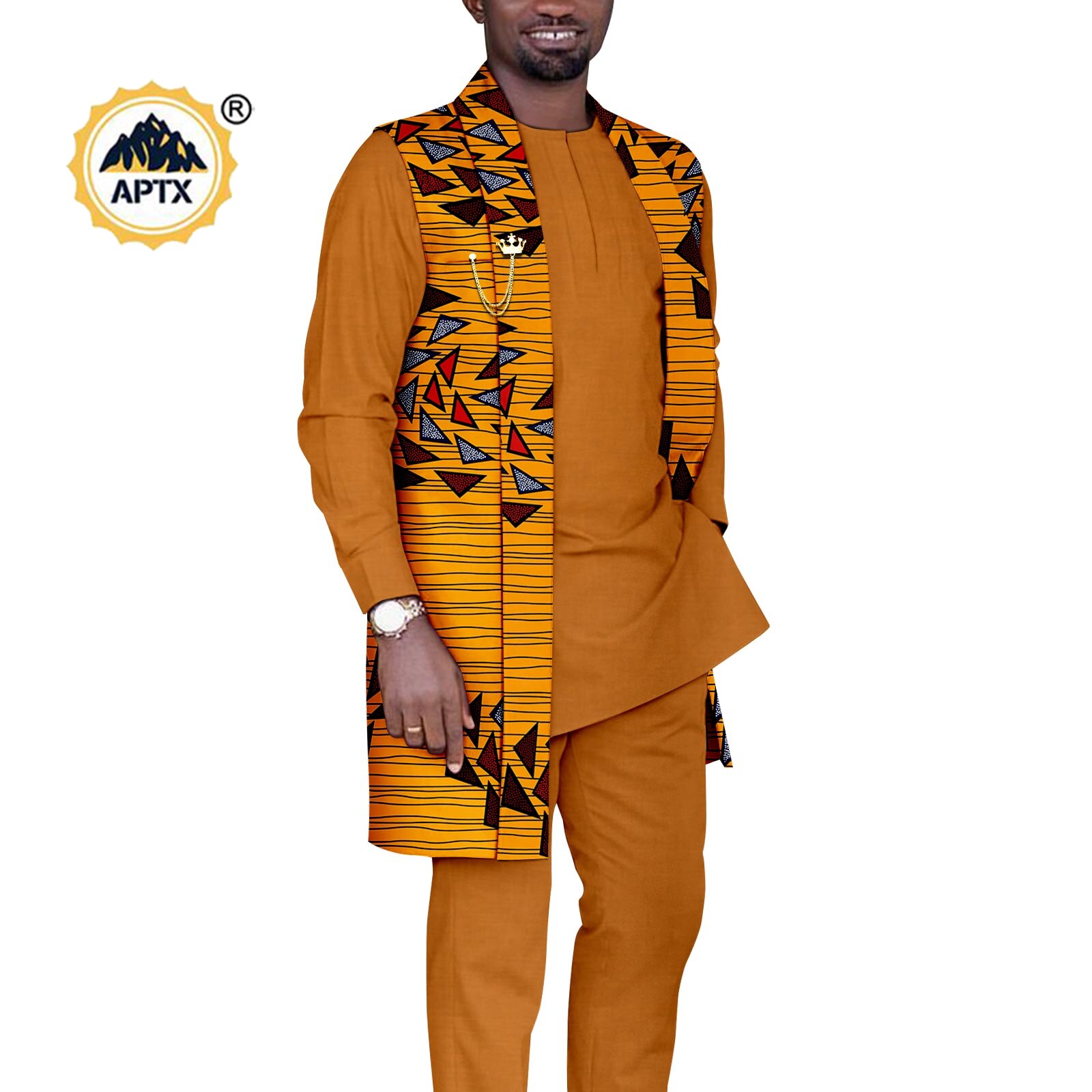 African Couples Outfits  Women Coat Long Jacket Match Men Vest + Top and Pants 3 Pieces Set With Pockets& Breastpin Y22C072