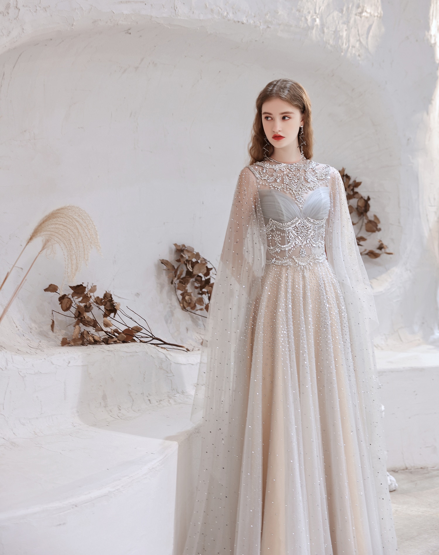 14272#IENA Long Cape Sleeves Chiffon Bohemian Prom Dresses 2023 Backless Vintage Crew Neck Party Gowns Plus Size Evening Dresses