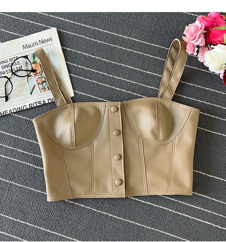 Europe Style All Season Chic Women's High Quality Genuine Leather Camisole Tank-top C585