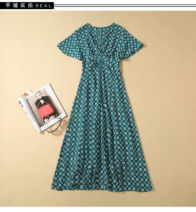 French Style Elegant Women V-neck Green Printed Dress Female's Casual Summer Midi Long Dresses Fashion Office Lady Dress