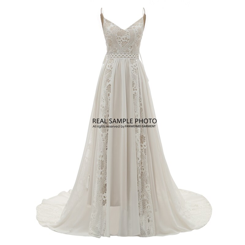 1318# Real Photos Spaghetti Straps Bride Gown 2022 Sleeveless V Neck Open Back Bohemian Sweep Train Wedding Dress Chiffon Lace