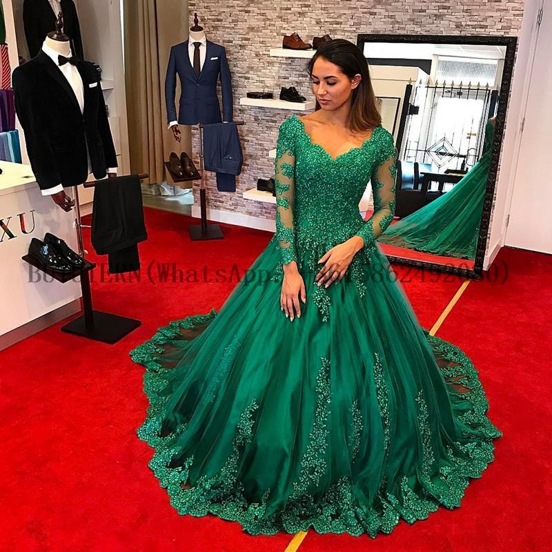 New Green Elegant Lace Evening Dresses V Neck Long Sleeve Appliques Ball Gown Formal Occasion Dresses
