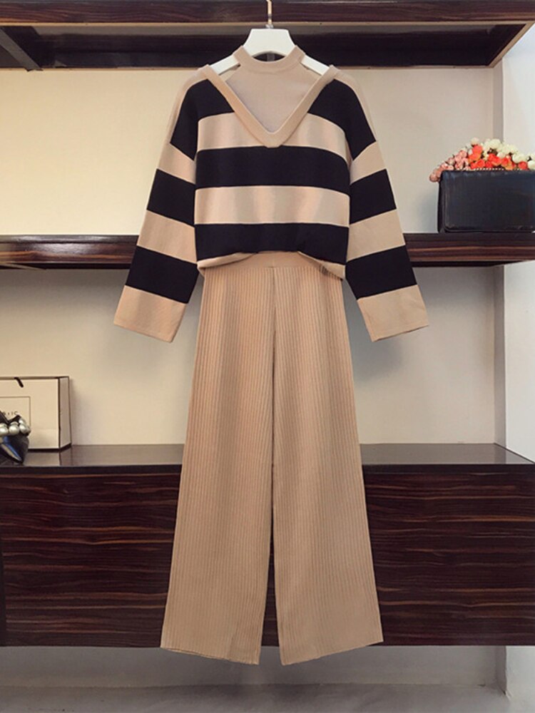 Tracksuit Women Two Piece Set Fashion Black White Stripe Knitted Two Piece Women Sets High Waist Loose Women's Wide Leg Pants