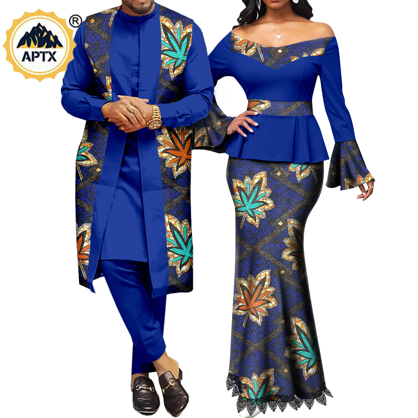 African Couple Clothes Women Print  V-neck Top and Lace Skirts Match Men Outfits Dashiki Long Vest Shirt and Pants Sets Y22C041