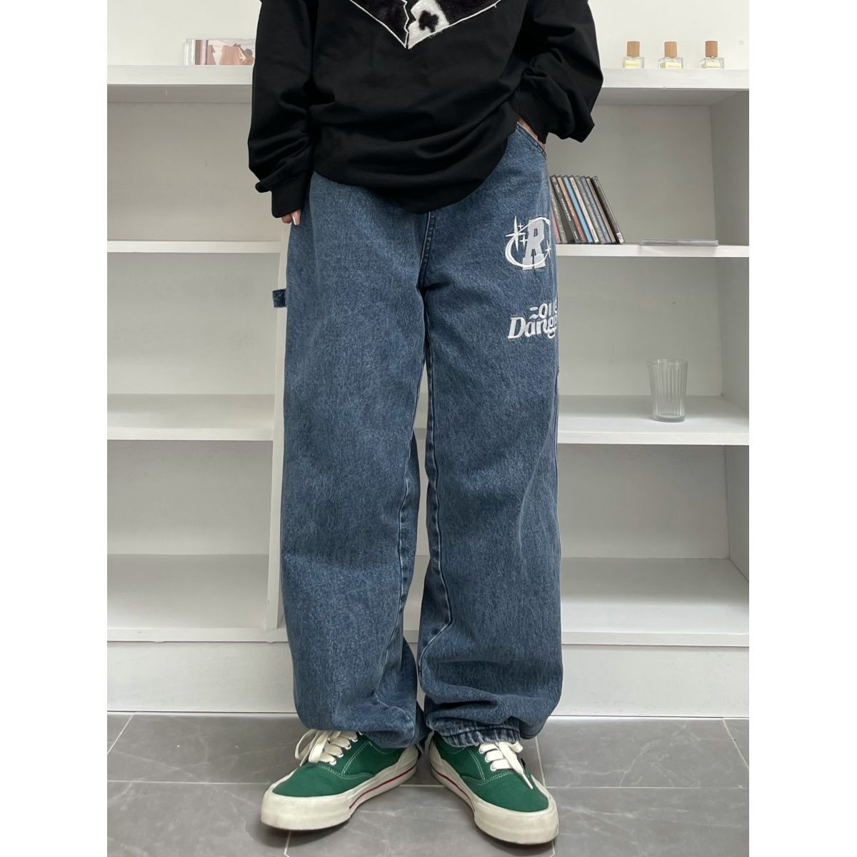 American street clothing retro trend pocket jeans female letter star print high waist casual oversized straight pants women