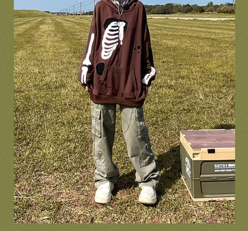 American retro street Y2K patch skull print hooded sweater sweatshirt men and women oversize niche high street jacket jacket ins