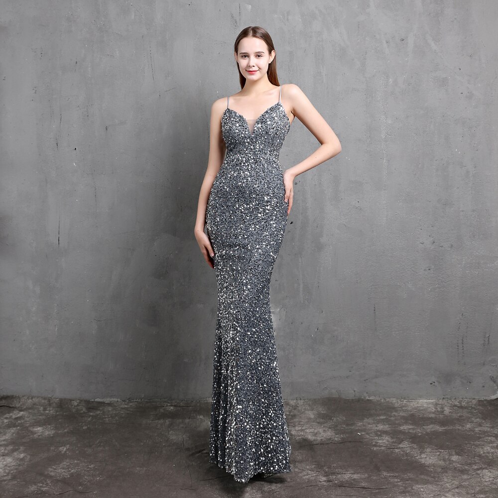 ED18523 Sling V Neck Long Evening Dress Mermaid Party Gowns Sexy Sequined Beading Formal Dress Prom Gown Backless For Wedding