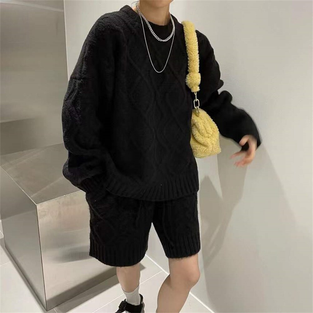 PLAMTEE Autumn Sweaters Women Two Pieces Sets Knitwear Pullovers Casual 2022 Office Lady Chic All Match Loose Wide Leg Shorts