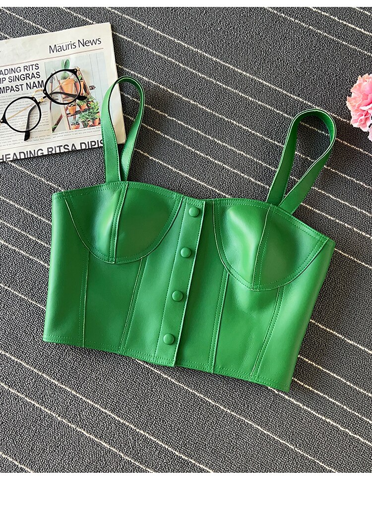 Europe Style All Season Chic Women's High Quality Genuine Leather Camisole Tank-top C585