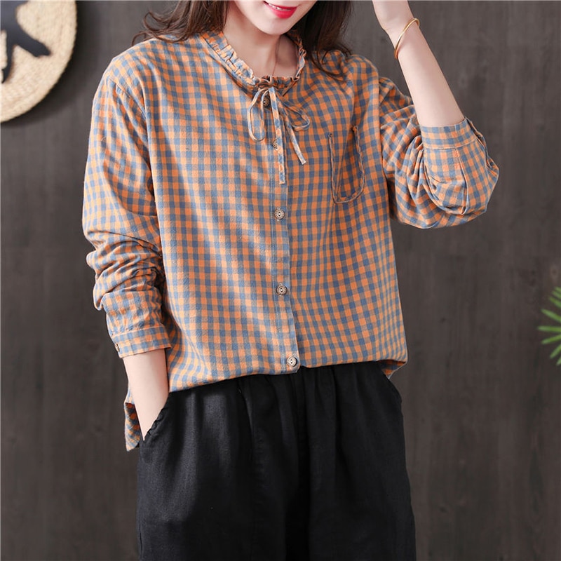 New Arrival 2020 Spring Arts Style Women Long Sleeve Loose Shirts All-matched Casual Cotton Linen Plaid Vintage Blouses S887