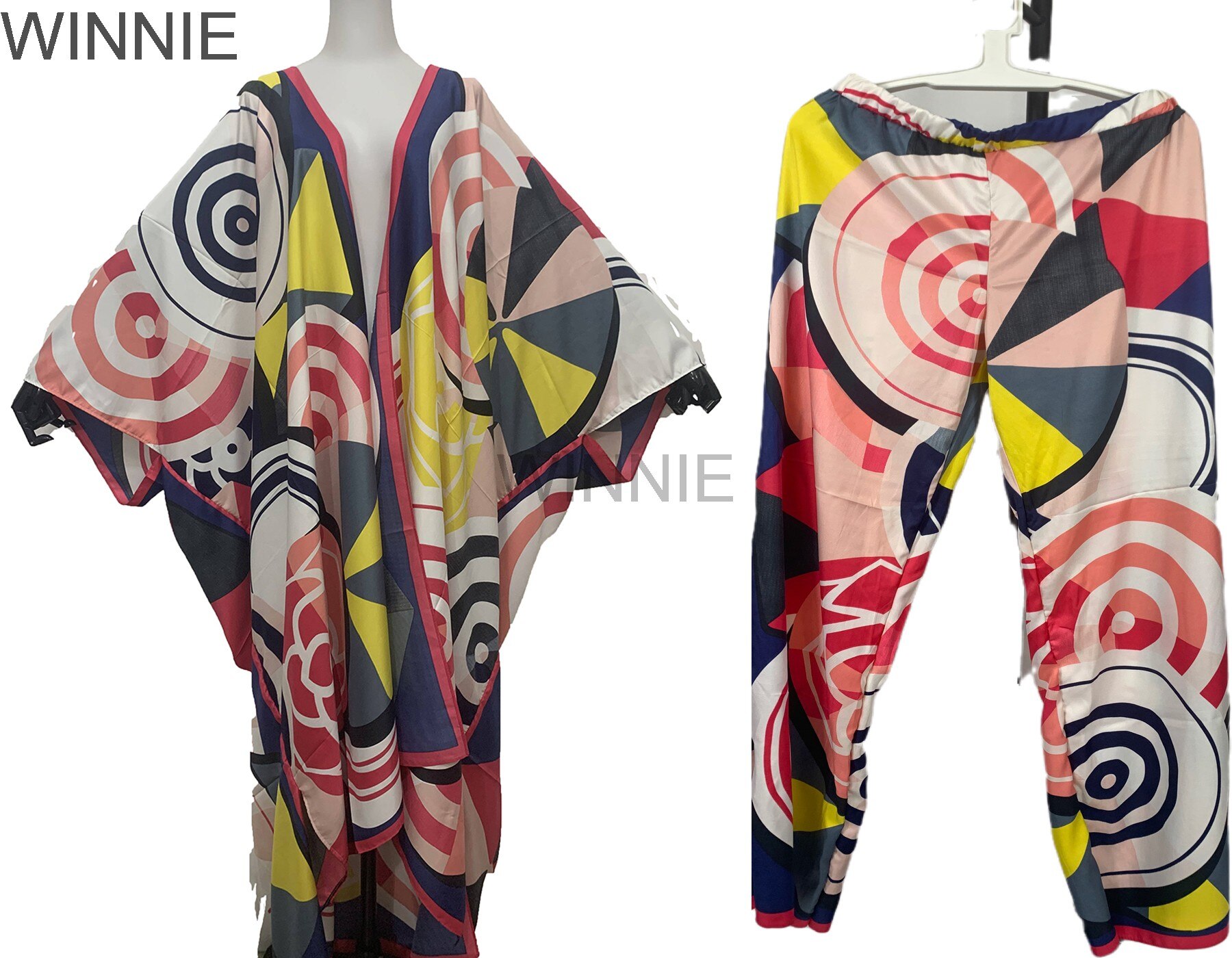 Bohemian Fashion Floral Kimono Cardigan & Pants Free Size African Women's Two Pieces Suit For Outfit Muslim Kaftan