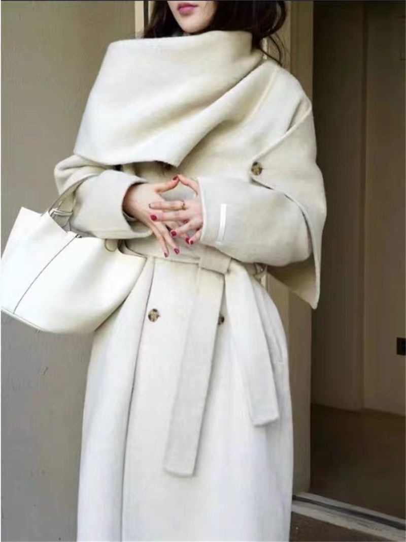 Korean High-End Scarf Collar Coat Double Breasted Sashes Woolen Long Temperament Women Autumn Winter Windbreaker Jacket T1078